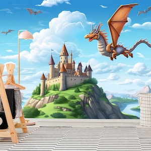 Dragon and Fairytale Castle Wallpaper Nursery Fantasy Cartoon Mural Wall Decor Magic Decal Playroom Art Print Removable Gift for Game Room