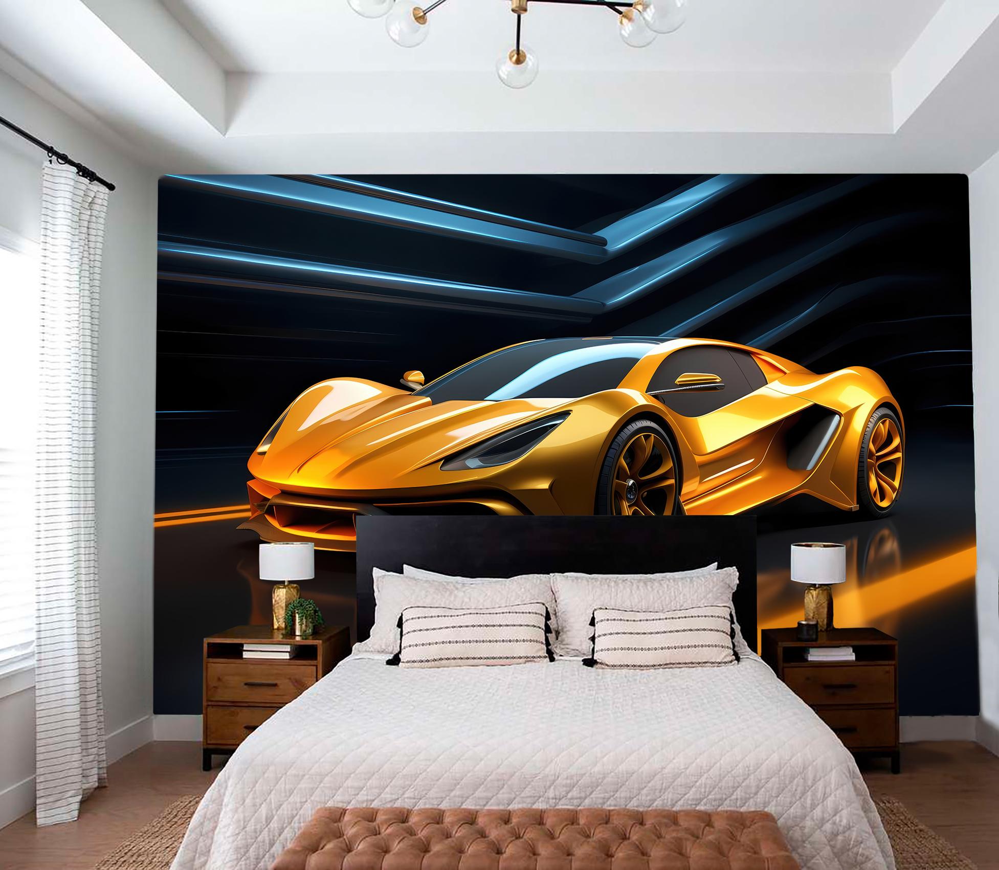 Yellow Sport Car Wallpaper Playroom Wall Decal Garage Mural Race Car ...