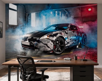 Sports Car Wallpaper Peel and Stick Wall Mural, Racing Car Wall Art, Drift Garage Print, Automotive Gamer Room Decor, Non Woven Wallpaper