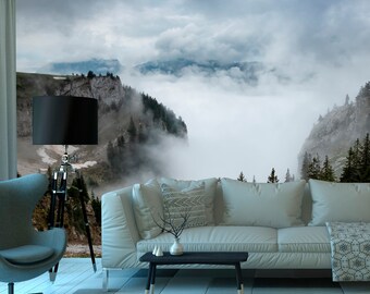Moody Mountain Wallpaper Foggy Forest Wall Mural Nature Wall art Misty Mountains Nursery Decor Removable Wallpaper Traditional Wall Mural