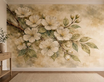 Vintage Floral Wallpaper Peel and Stick, Watercolor Cherry Blossom Mural, Botanical Wallpaper, Cottagecore Wall Myural, Non Woven Art Print