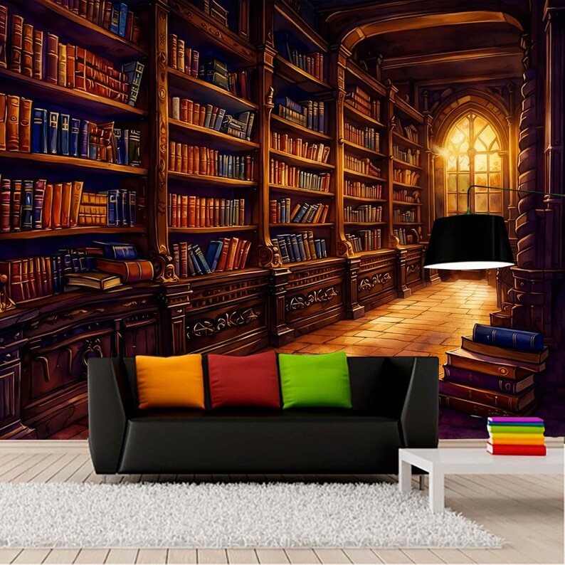 Vintage Library Wallpaper Mural, Classic Bookshelf Wall Design, Cozy ...