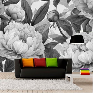 Zwart-witte pioenrozenbehang bloem muurschildering zelfklevende bloemen verwijderbare tijdelijke print vinyl botanische kunst slaapkamer decor vrouw cadeau
