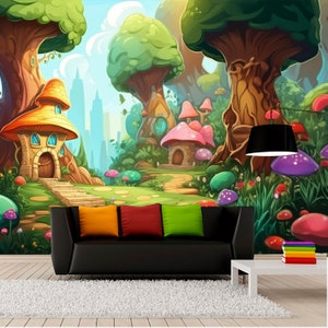 Tapeta Fantasy Village Cartoon Wall Mural Zdejmowany samoprzylepny nadruk dla dzieci Grzyb Dekoracja pokoju dziecięcego Naklejka leśna polana wróżek