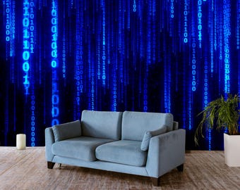 Matrix Blue Code Wallpaper Peel and Stick Playroom Decor Cyber Wall Mural Computer Art Removable Science Office room Print Futuristic Gift