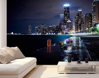 Tapeta Chicago Skyline Night – samoprzylepna fototapeta z pejzażem miejskim, usuwalna sztuka miejska do sypialni, biura lub salonu
