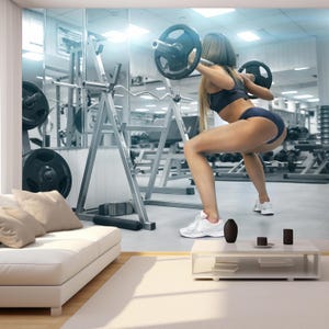 Fitness Gym tapet Skalbar och självhäftande träning väggmålning Kvinna knäböjningsövning väggdekor gym interiör tapet avtagbar non-woven tapet