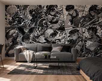 Black White Anime Manga Wallpaper Peel & Stick Manga Collage Mural, Otaku Wall Print, Japanese Comic Art Wallpaper, Gaming Non Woven Mural