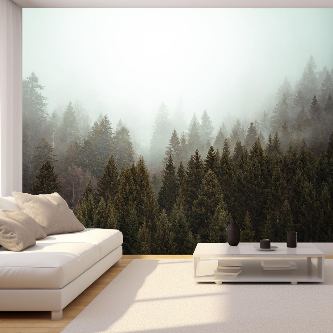 Misty Foggy Forest Peel and Stick Wallpaper Tree in Fog Wall Mural ...