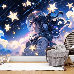 Carta da parati con astronauta, cielo stellato, murale, stampa per bambini, per sala giochi, rimovibile, stacca e attacca, decorazione artistica Cosmos, astronauta, bambini, paesaggio, arte murale