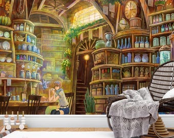 May include: An illustration of a cozy, vintage-style room with shelves filled with jars, bottles, and books. A person sits at a table, and a small blue creature hovers nearby. The room has a warm, inviting atmosphere.