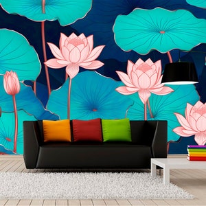 Lotus Wallpaper Self Adhesive Flower Removable Flora Temporary Peel and Stick Botanical Wall Mural Water Lily Wall Art Abstract Print Gift