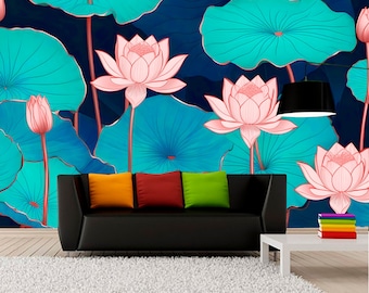 Lotus Wallpaper Flor autoadhesiva Flora extraíble Peel and Stick Mural de pared botánica Lirio de agua Arte de pared Impresión abstracta Regalo