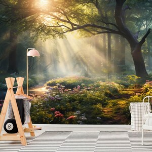 May include: A scenic forest mural with a stream, flowers, and sunlight streaming through the trees. A wooden clothing rack with a black ball and a pink lamp are in the foreground. The floor has a black and white striped pattern.