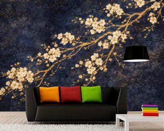 Navy Blue Cherry Blossom Wallpaper Peel & Stick Japanese Floral Wall Mural Gold Sakura Branch Moody Botanical Wall Decor Non Woven Wallpaper