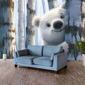 Cartoon White Bear Wallpaper Birch Grove Wall Mural Self Adhesive Animal Removable Tree Peel & stick Forest Temporary Kids Room Decor