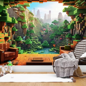 May include: A colourful, pixelated landscape mural depicting a valley with a lake, waterfalls, and trees. The scene includes a cityscape in the distance, with wooden furniture and a blanket in the foreground. The colour palette is dominated by greens, browns, and blues.