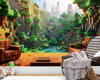 Block Style Forest Wall Mural, Pixel Nature Landscape Wallpaper, Fantasy Game World Photo Wallpaper