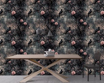 Raven Wallpaper Peel and Stick Dark Gothic Wall Mural Black Bird Print Moody Forest Wall Art Removable Wallpaper Non Woven Wall Decor