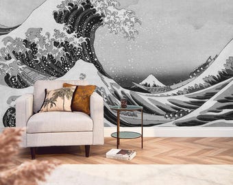 Japanese Wave Wallpaper Peel and Stick, Great Wave Mural, Japandi Ocean Wallpaper, Vintage Asian Wall Art, Hokusai Style Wall Print