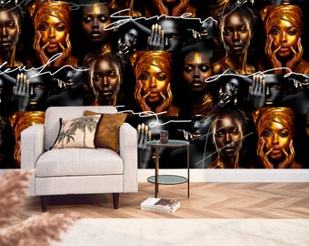 Black and Yellow Woman Wallpaper Custom Size Ethnic Wall Mural Abstract Face African Woman Wall Mural Peel & Stick Luxury Fashion Wallpaper