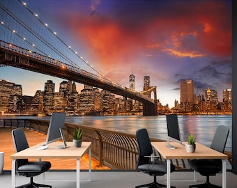 Brooklyn Bridge Cityscape Wallpaper – Peel and Stick New York City Wall Mural – Removable Skyline Wall Decor for Living Room or Office