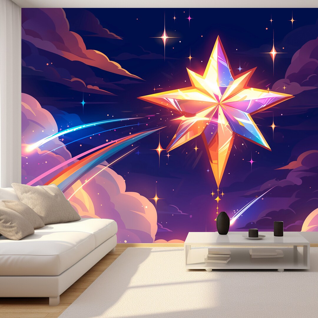 Sterne und Regenbogen Tapete Kinderwandbild Bunte Aufkleber Nachthimmel  Entfernbarer selbstklebender Druck für Spielzimmer Kinderzimmer ..., image size:1080x1080