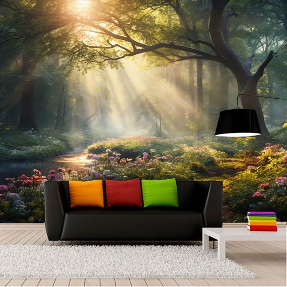 Sunlit Forest Path Wallpaper, Magical Woodland Landscape Mural, Nature Wall Mural for Living Room Bedroom, Fantasy Forest Wall Art