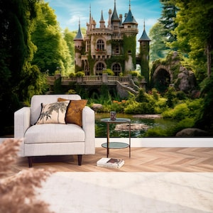 Carta da parati con castello magico nella foresta, rimovibile, antica architettura, murale, decorazione per camera da letto, stacca e attacca, stampa di edifici misteriosi