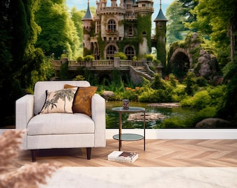 Magic Castle in Forest Wallpaper Removable Ancient Architecture Wall Mural Landscape Bedroom Décor Peel & Stick Mysterious Building Print