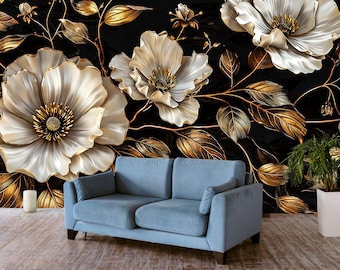 Peel and Stick Floral Wallpaper Black Gold Wall Mural Removable Wallpaper Large Flower Wall Decor Luxury Botanical Custom Print Wallpaper