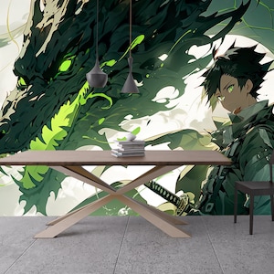 Anime Boy con drago Carta da parati per camera dei bambini Verde Murale per adolescenti Decalcomania per la scuola materna rimovibile Grande carta da parati per sala giochi Fantasia autoadesiva