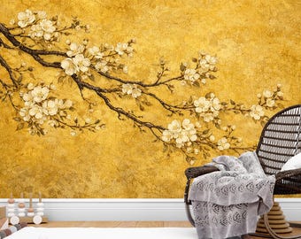 Floral Wallpaper Peel and Stick Cherry Blossom Branch Wall Mural Gold Background Print Elegant Botanical Removable Non Woven Wallpaper