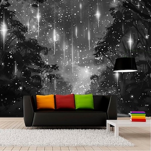 Carta da parati Fantasy Forest Cielo stellato Magia Stella Murale da parete Paesaggio notturno Decalcomania Paesaggio Rimovibile Autoadesivo Stampa per camera da letto Regalo per bambini