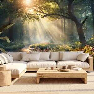 May include: A living room with a large sectional sofa and a wooden coffee table. The wall behind the sofa features a mural of a sunlit forest scene. The room has a neutral color palette with natural wood tones.