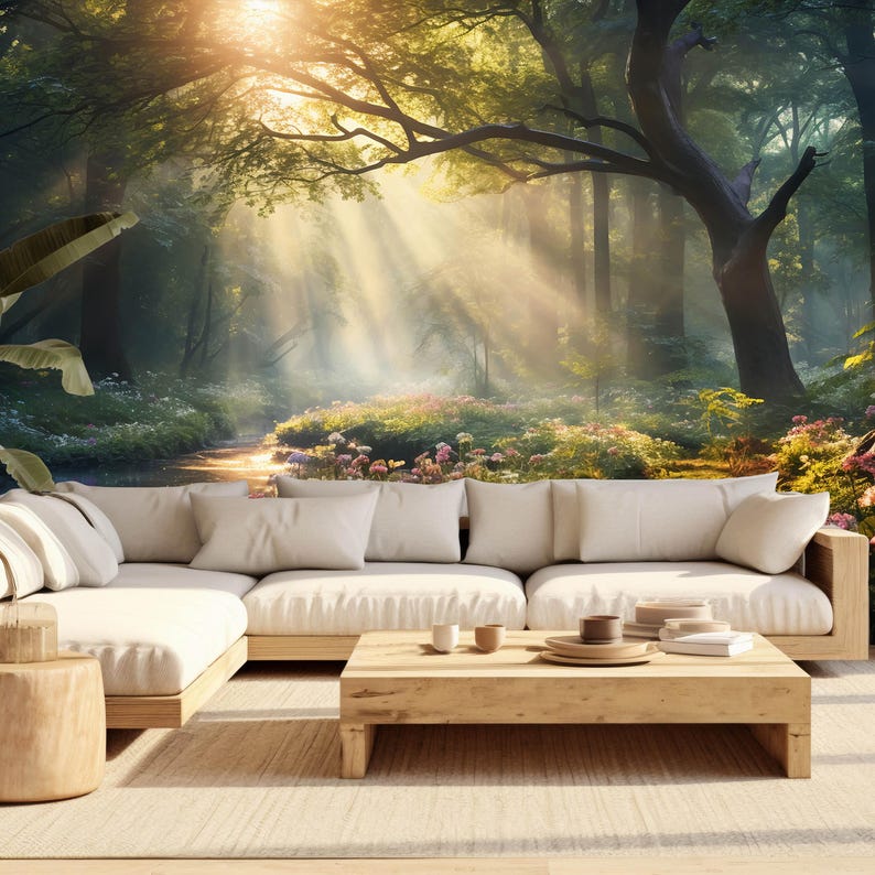 May include: A living room with a large sectional sofa and a wooden coffee table. The wall behind the sofa features a mural of a sunlit forest scene. The room has a neutral color palette with natural wood tones.