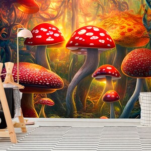 Mushroom Forest Wallpaper Vintage Botanical Peel & Stick Mural Removable Wallpaper Magical Nursery Decor Playroom Wallpaper Magical mural