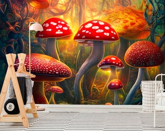 Mushroom Forest Wallpaper Vintage Botanische Peel & Stick Muurschildering Verwijderbaar Behang Magisch Kinderkamer Decor Speelkamer Behang Magische muurschildering