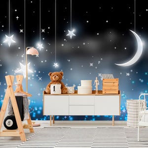 Star and Moon in Night Sky Wallpaper Peel & stick Playroom Mural Abstract Starry Sky Traditional Print Removable Modern Accent Bedroom Art