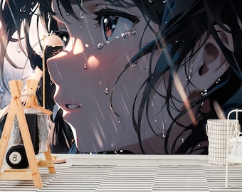 Anime Wallpaper Girl in the Rain Mural Fantasy Decal Removable Self adhesive Print for Kids Youth Wall Art Anime Characters Game room Décor
