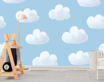 Carta da parati con nuvole stravaganti, cielo, decorazione murale, staccare e incollare, decorazione della camera dei bambini, carta da parati rimovibile, arte della parete minimalista, decorazione della scuola materna da sogno