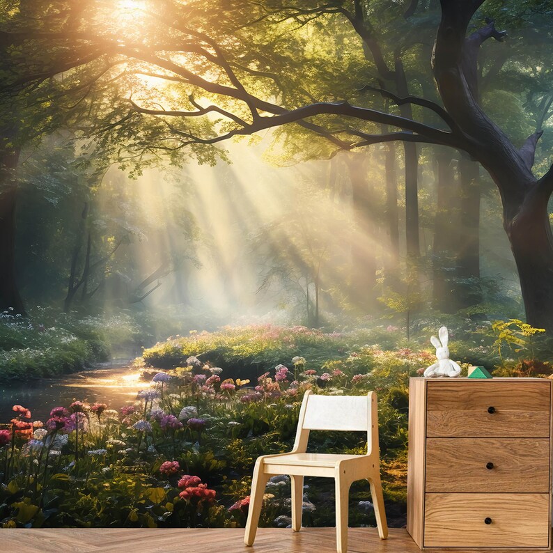 May include: A serene forest scene with sunlight streaming through the trees. A small stream flows through a field of wildflowers. A wooden chair and dresser are in the foreground, with a white bunny figurine on top of the dresser.