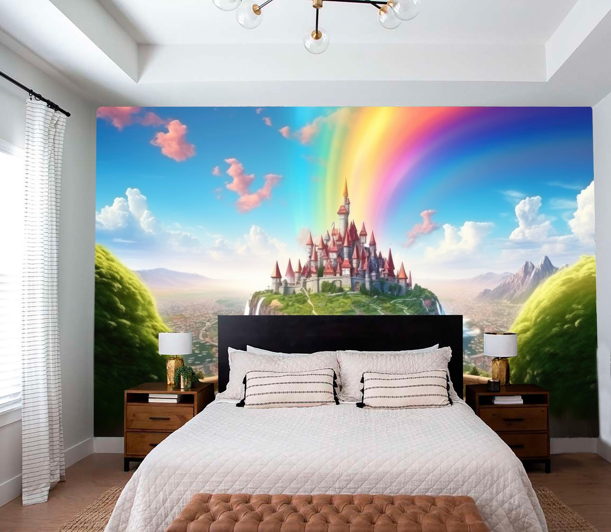 Fantasy Castle and Rainbow Mural Cartoon Landscape Wallpaper Mountain ...