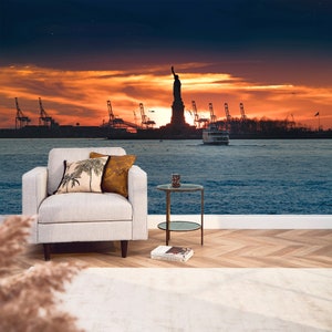 Bellezza New York Sunset Paesaggio urbano Carta da parati Rimovibile Peel & Stick Carta da parati murale Statua della Libertà Carta da parati murale Carta da parati per camera da letto