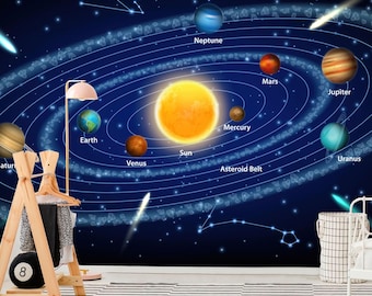 Solar System Wallpaper Peel & Stick Space Wall Mural for Kids Room Galaxy Planet Wallpaper Astronomy Outer Space Nursery Removable Wallpaper