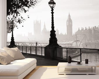 London Fog Wallpaper Peel and Stick Big Ben Wall Mural Black White Cityscape Wallpaper London Skyline Wall Art Removable Non-Woven Wallpaper