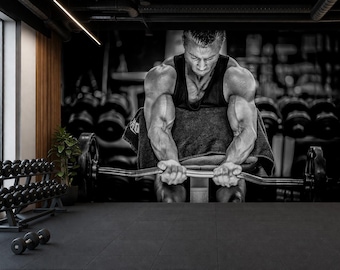 Black and White Gym Wallpaper Mural, Bodybuilder Wall Art Peel and Stick, Fitness Wall Decor, Workout Motivation Poster, Non Woven Wallpaper