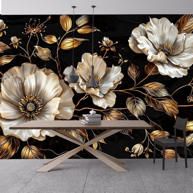 Peel and Stick Floral Wallpaper Black Gold Wall Mural Removable ...