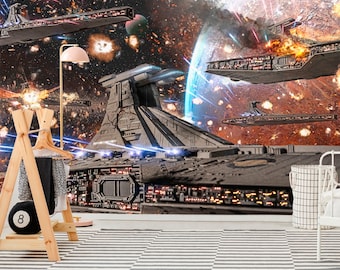 May include: A space battle scene with multiple spaceships firing lasers at each other. The scene is set against a backdrop of a swirling nebula and a distant planet.