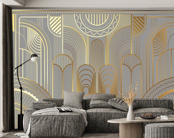 Gray background with Golden Line Wallpaper Geometric Wall mural Traditional Circle Self-Adhesive Living room Print Home decoration Decal